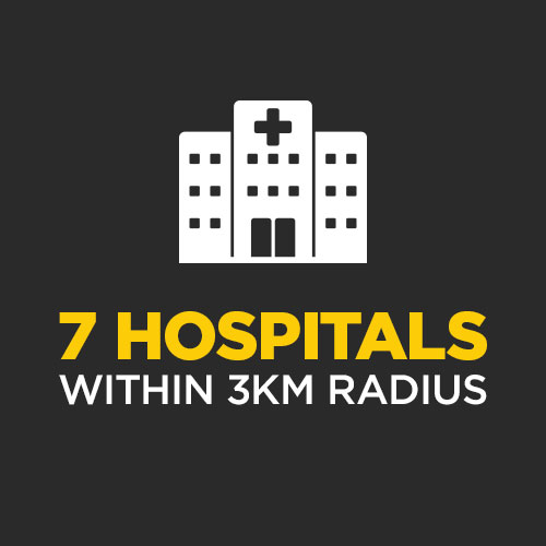 There are 7 Hospitals within 3km radius – 3,146 Beds, 19,000+ Staff